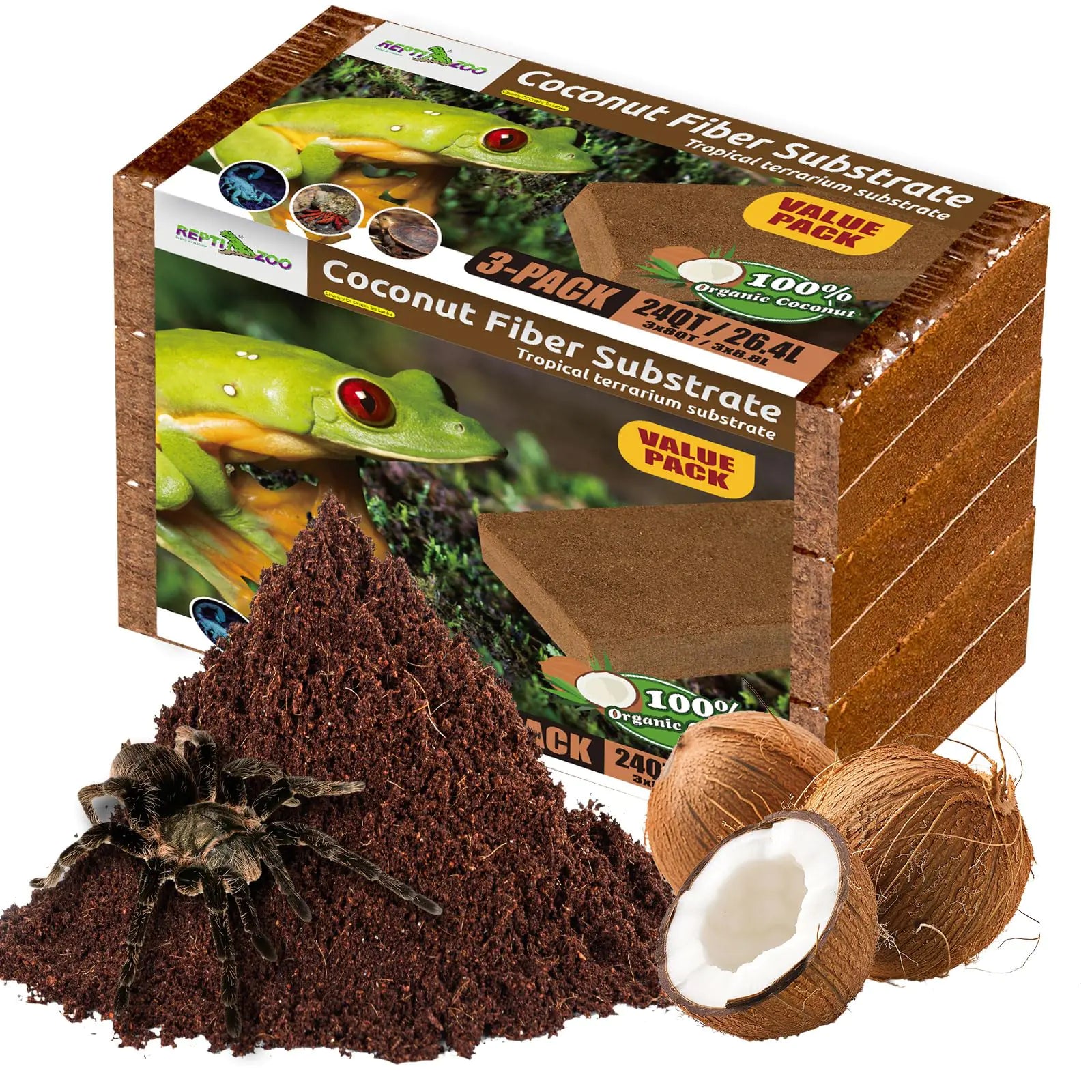REPTI ZOO 3 Pack Coconut Fiber Substrate for Reptile 24QT Reptile Coco Coir Brick for Hermit Crab Turtle Snake Frog Gecko Lizard Spider Reptile Coconut Husk Terrarium Bedding