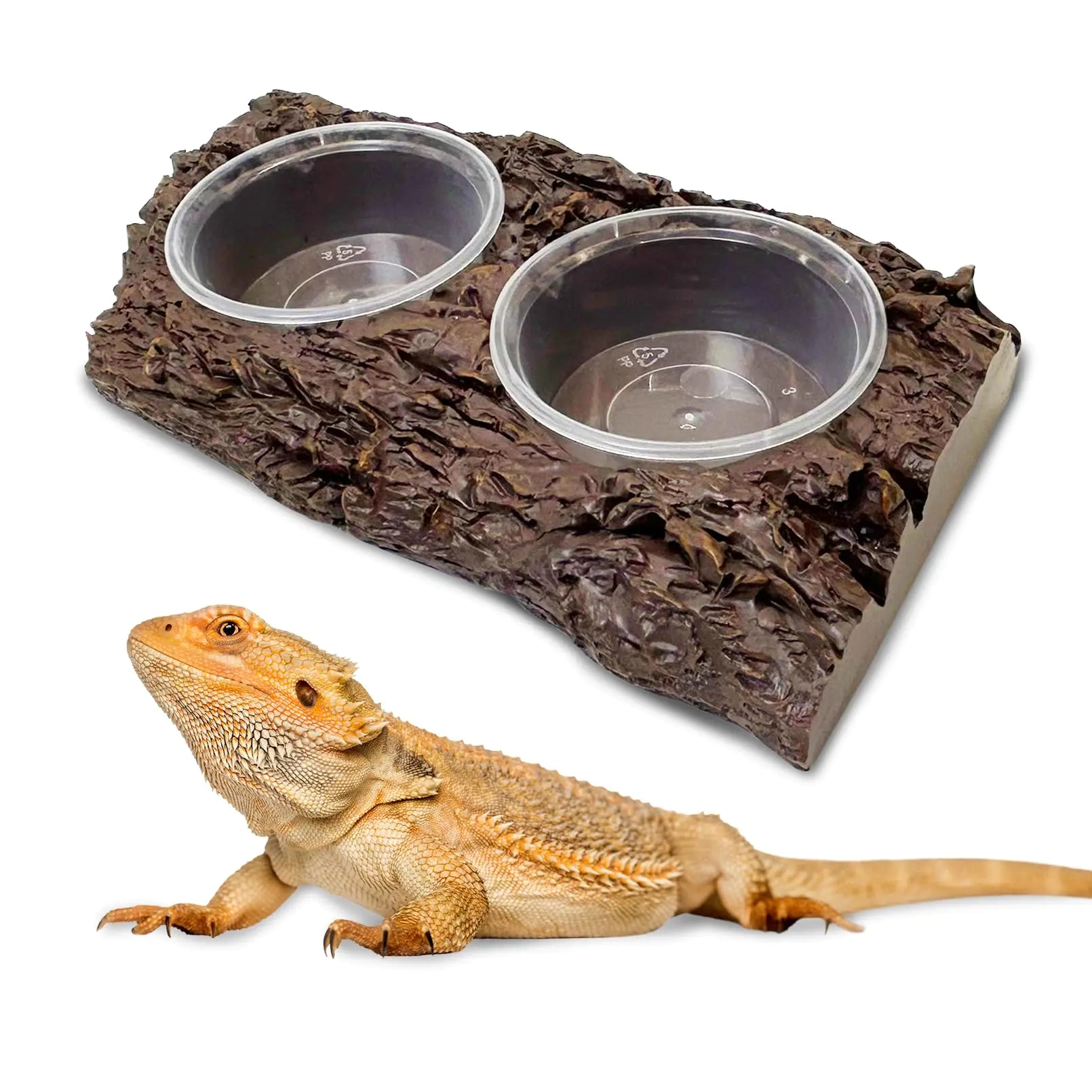 PINVNBY Double Reptile Feeding LedgeResin Rock Reptile Water Dish with Plastic Gecko Food Cups Reptile Terrarium Tank Accessories for Bearded Dragons Leopard Gecko Lizard Snake Chameleon
