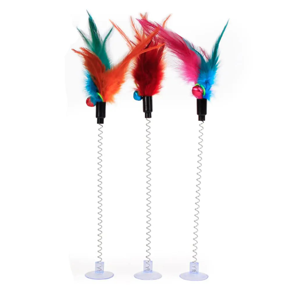 Cat Teaser Wand 3 Packs Update Metal Wire Spring Cat Toy with Feather and Bell Sucker Cat Teaser Rod Interactive Cat Tease Toys